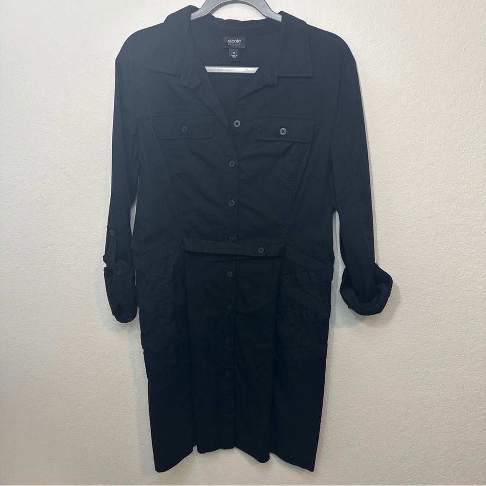 Nicole Miller Black Button Up Shirt Dress Long Sleeve Roll Up Tab Size 16